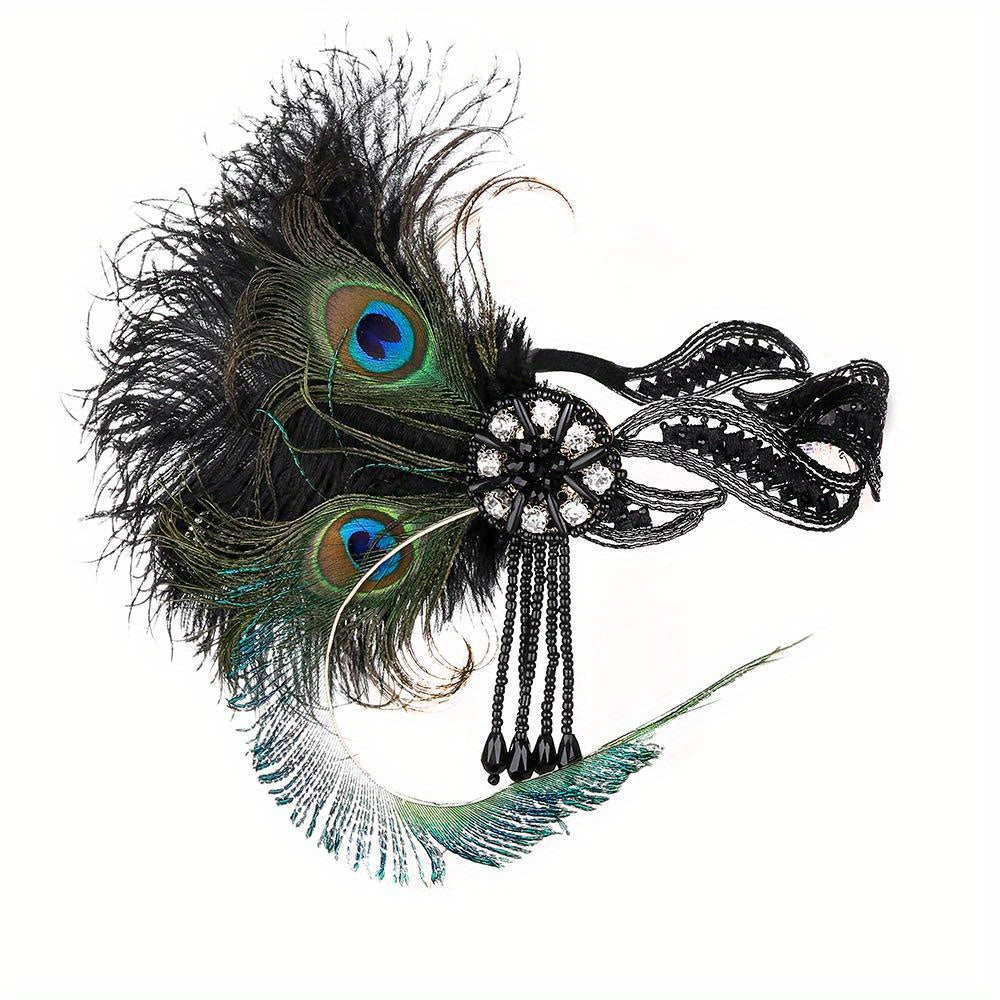 Faux Peacock Feather Headband Rhinestone Hair Band for Women