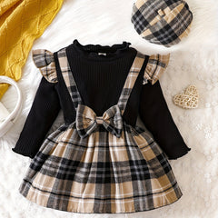 Baby Girls Plaid Dress Bow Long Sleeve Casual Stitching Dress