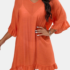 Ruffle Trim V Neck Cover Up Dress