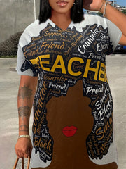Cartoon Print Short Sleeve V Neck Dress With Pockets