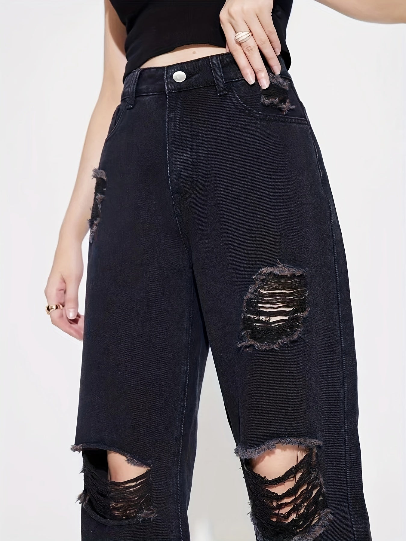 High Rise Distressed Straight Leg Denim Jeans