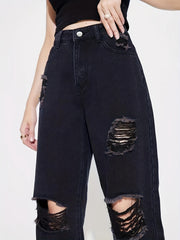 High Rise Distressed Straight Leg Denim Jeans