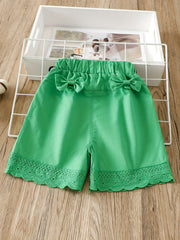 2PCS Toddler Girls Lace Trim Elastic Waist Bow Pocket Casual Shorts