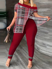 Plaid Print One Shoulder Top & Leggings Set