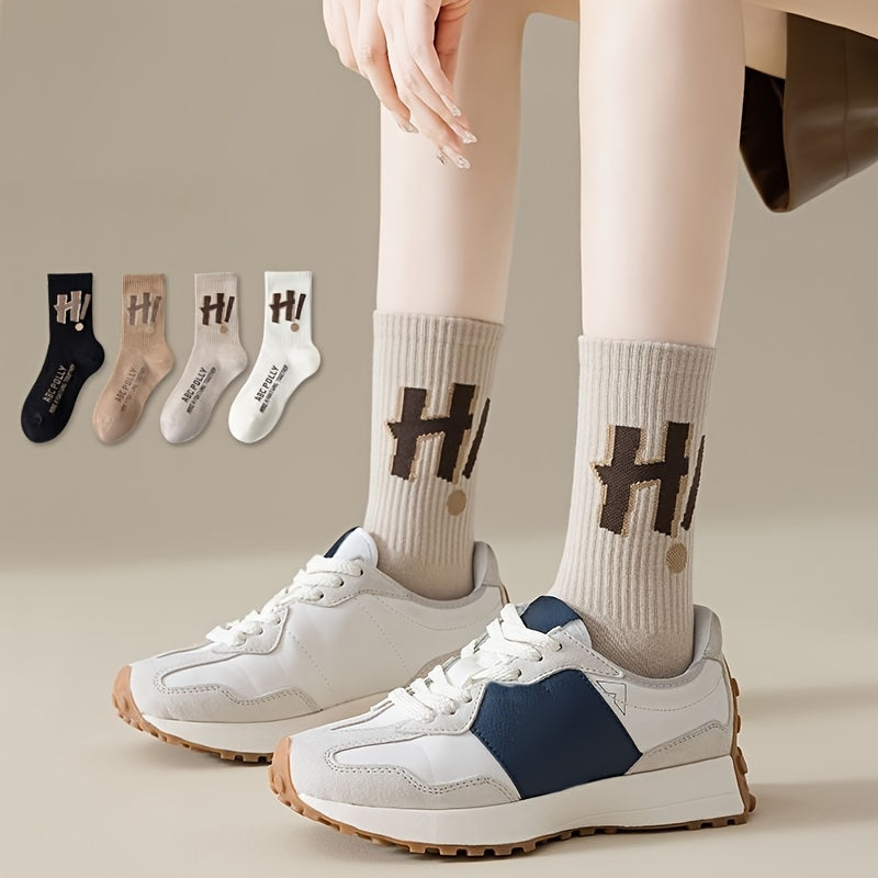 4 Pairs Letter Print Socks Comfy & Breathable Mid Tube Women's Stockings