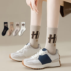 4 Pairs Letter Print Socks Comfy & Breathable Mid Tube Women's Stockings
