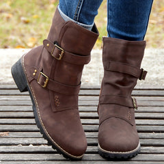 Women's Retro Mid Calf Boots Double Buckle Strap Side Zipper Shoes