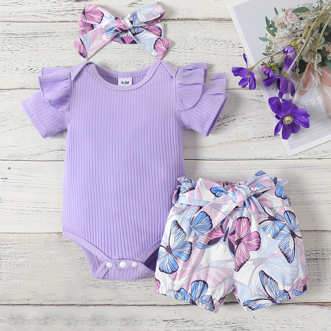 3pcs Baby Girls Short Sleeve Onesie & Butterfly Shorts Set