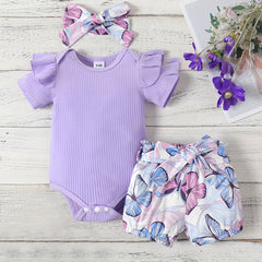 3pcs Baby Girls Short Sleeve Onesie & Butterfly Shorts Set
