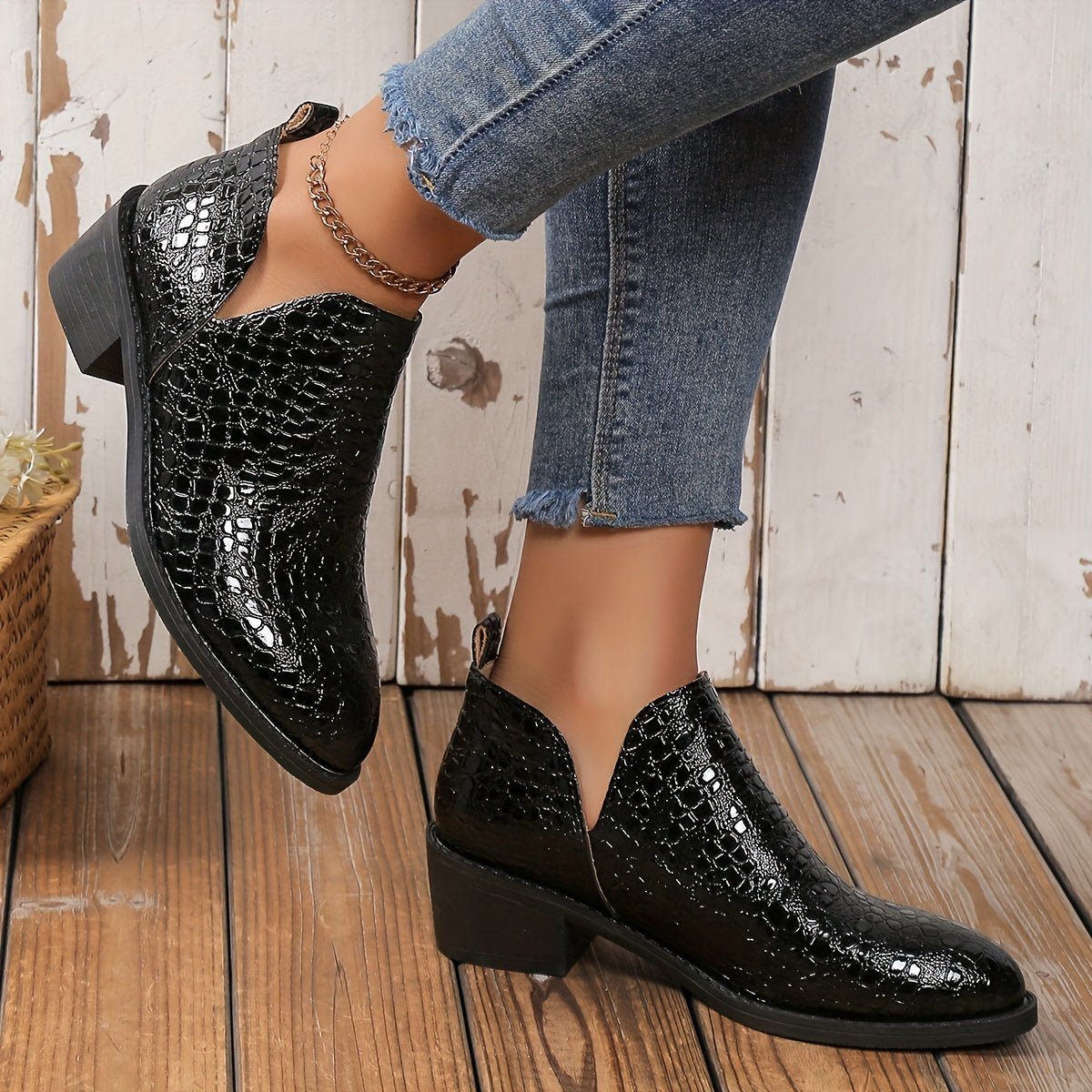 Women's Leather Slip On Chunky Heel Brogue Shoes