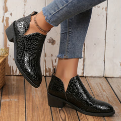 Women's Leather Slip On Chunky Heel Brogue Shoes