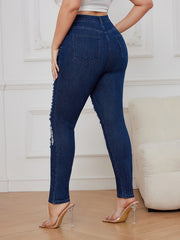 High Rise Skinny Jeans Washed Ripped Button Fly