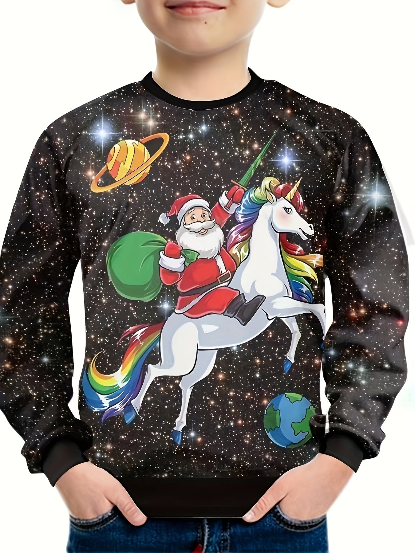Santa Claus Riding Unicorn Print Boys Christmas Sweatshirt