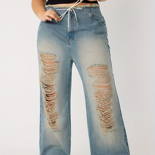 Y2K Jeans Women's Plus Distressed Ripped Raw Trim High Rise Wide Leg
