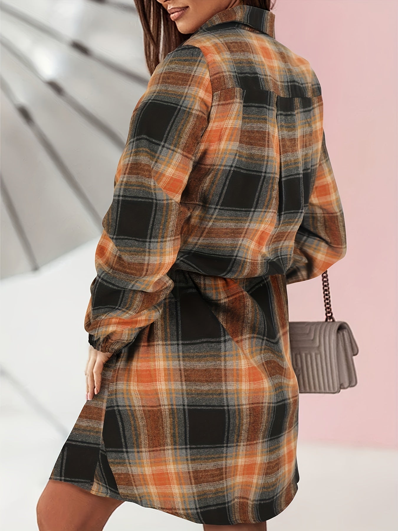 Plaid Print Shirt Dress Vintage Button Front Long Sleeve Dress Women's Clothing