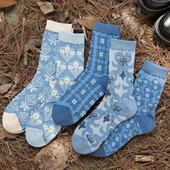 5 Pairs Floral Print Crew Socks - Comfy & Breathable Stockings