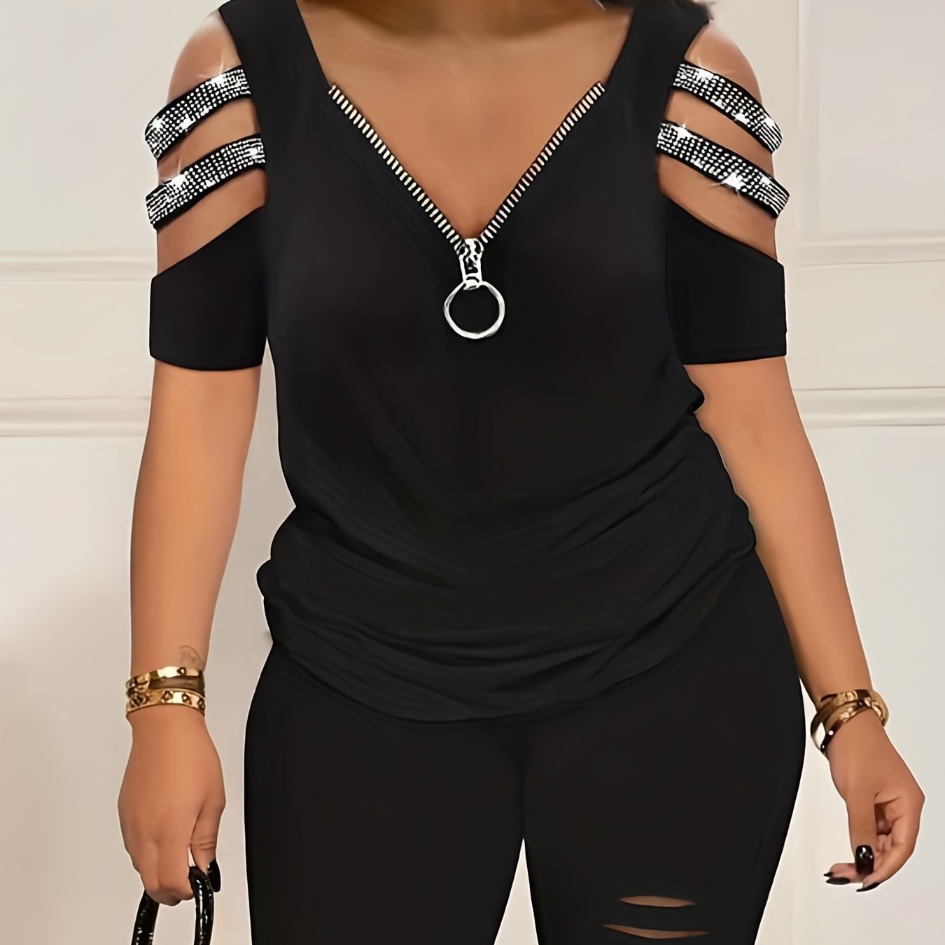 Rhinestone Zipper Neck T Shirt & Ripped Shorts Set
