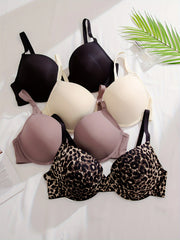 4 Pack Plus Size Bras Set Women's Plus Solid & Leopard Print Padded Underwire