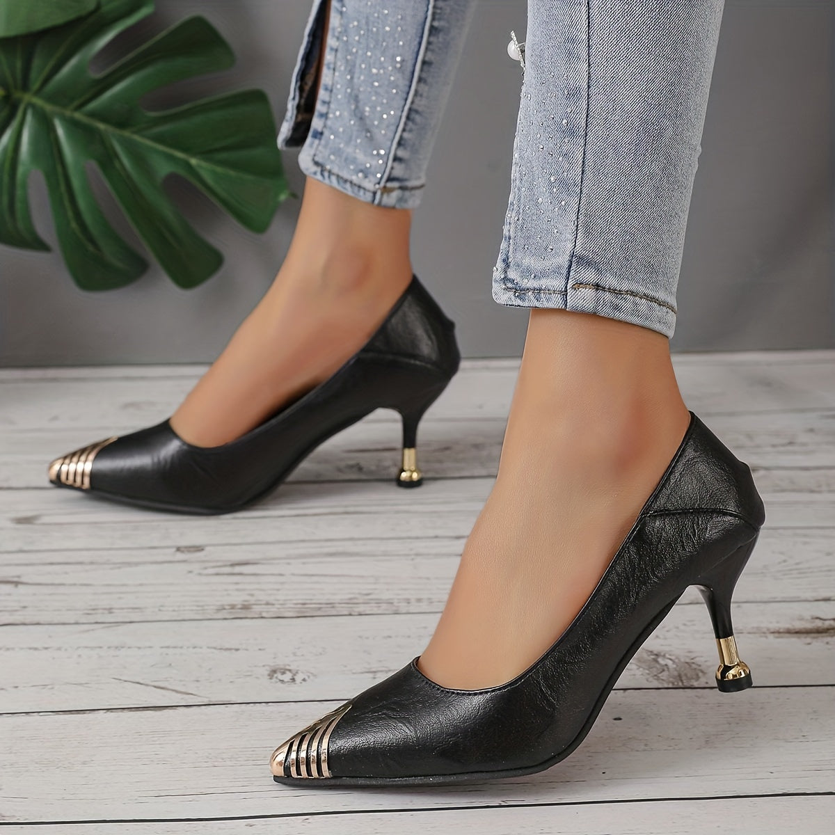 Women's Point Toe Stiletto Heel Shoes Slip On Sexy Professional Metal Decor