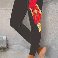 Rooster Print Skinny Leggings Casual Stretchy Leggings Women's Clothing