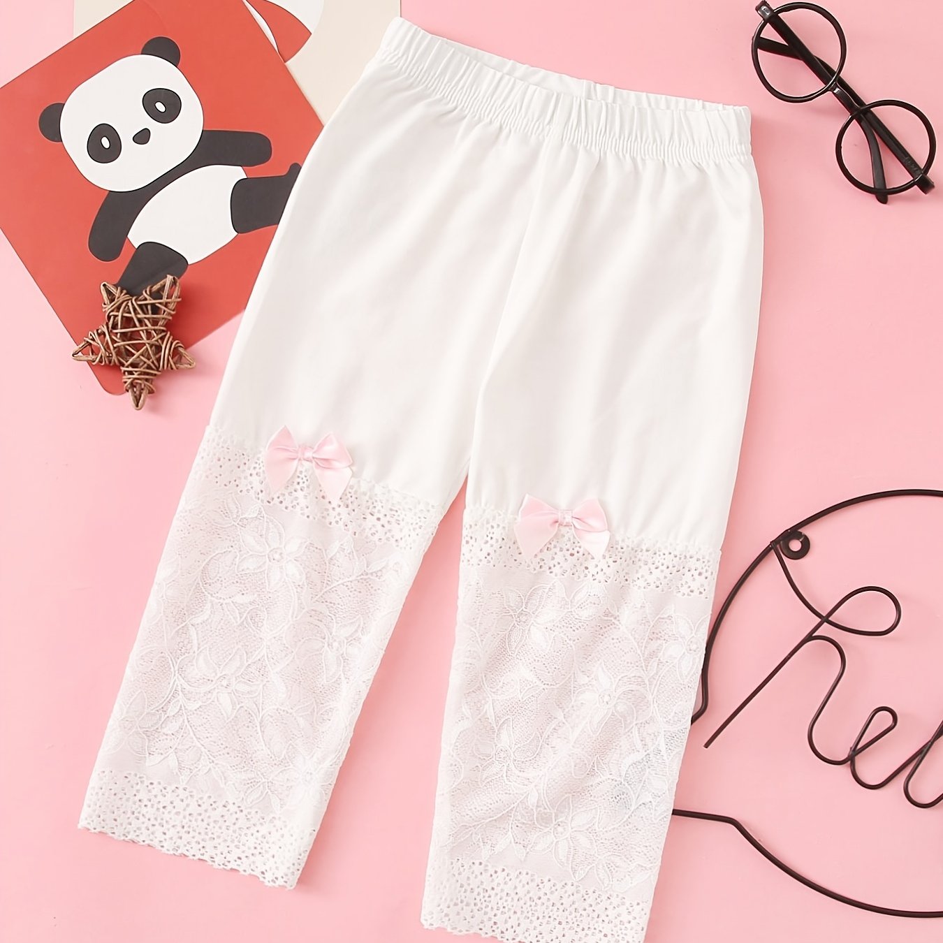 Girls Stretch Cotton Leggings Lace Splicing Cropped Pants