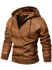 Men's PU Hooded Jacket Zip Up Leather Jacket Spring Fall