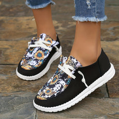 Women's Sunflower Printed Flat Loafers Casual Lace Up Canvas Shoes