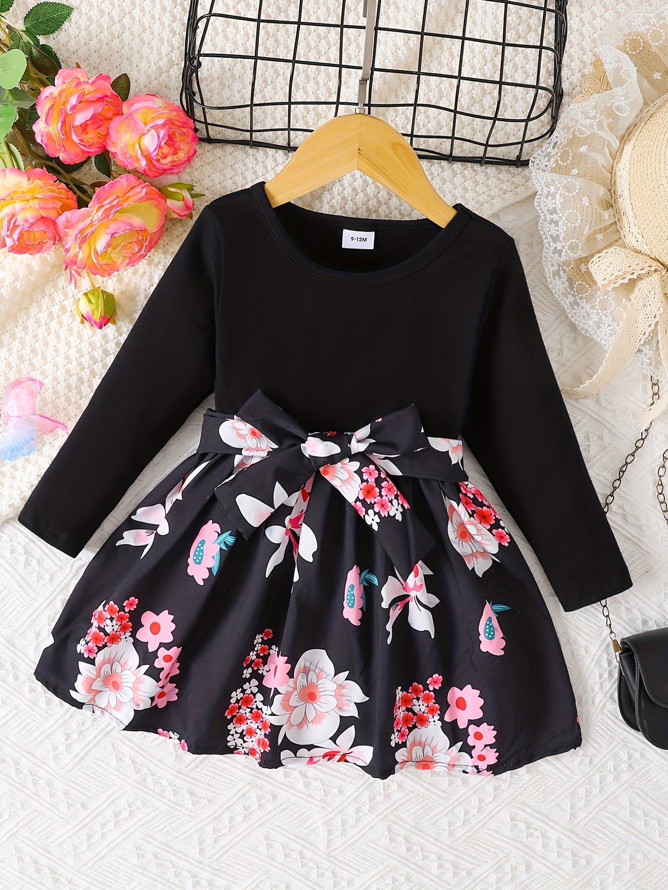 BABY Girls Long Sleeves Dress Flowers Splicing Belted