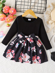BABY Girls Long Sleeves Dress Flowers Splicing Belted