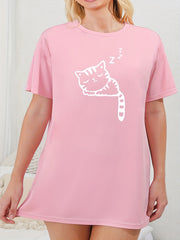 Cat Print Loungewear Dress Short Sleeve Round Neck Sleep Dress