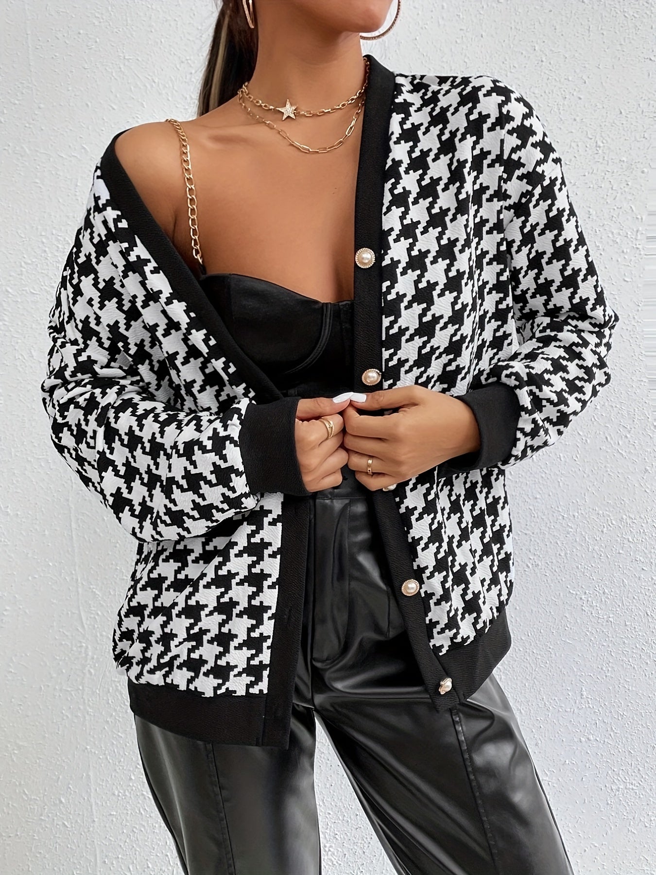 Button Plaid Contrast Trim Jacket for Women