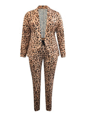 Plus Leopard Print Coat & Elastic Pants Set