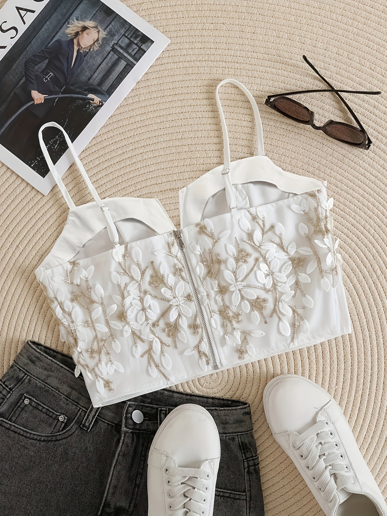 Sexy Cami Top Women's Plus Floral Embroidery Adjustable Strap
