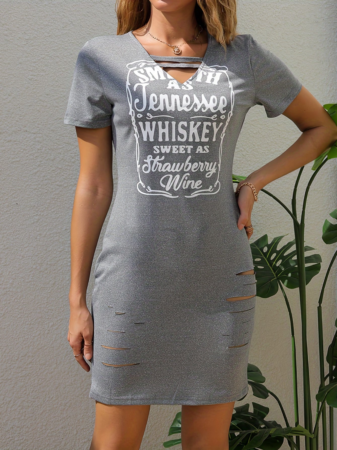Ripped Letter Print Dress Sexy Cut Out V Neck Short Sleeve Dress