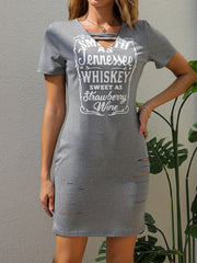 Ripped Letter Print Dress Sexy Cut Out V Neck Short Sleeve Dress