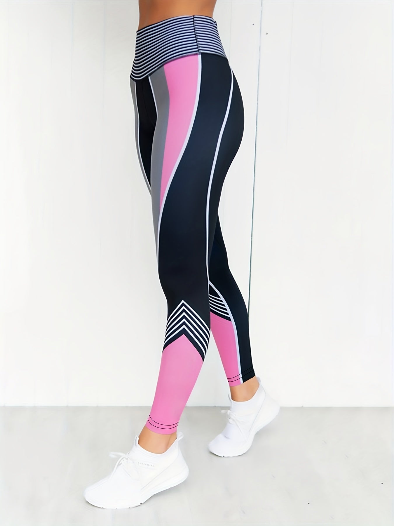Striped Yoga Pants Block Panel High Rise Slim Fitting Workout Leggings