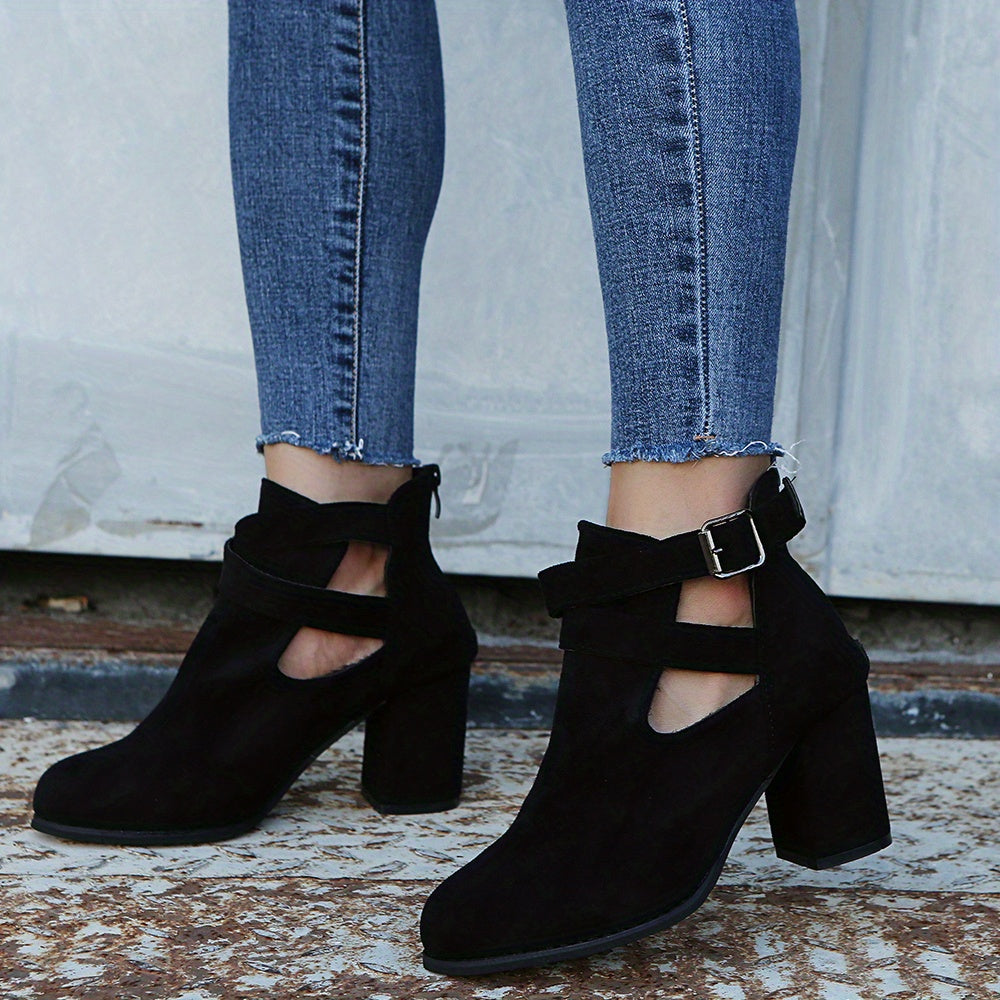 Women's Block Heel Ankle Boots Buckle Strap Zipper Shoes