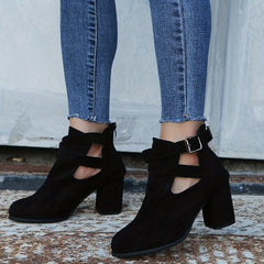 Women's Block Heel Ankle Boots Buckle Strap Zipper Shoes