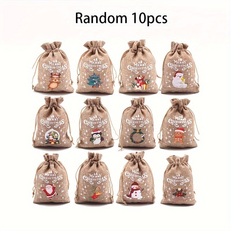 10pcs Christmas Burlap Gift Bags with Drawstring Xmas Party Favors Sacks