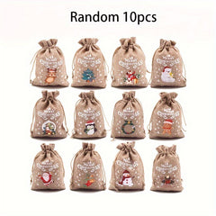 10pcs Christmas Burlap Gift Bags with Drawstring Xmas Party Favors Sacks