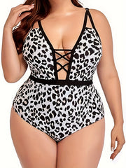 Leopard Print Crisscross Deep V Neck One Piece Bathing Suit