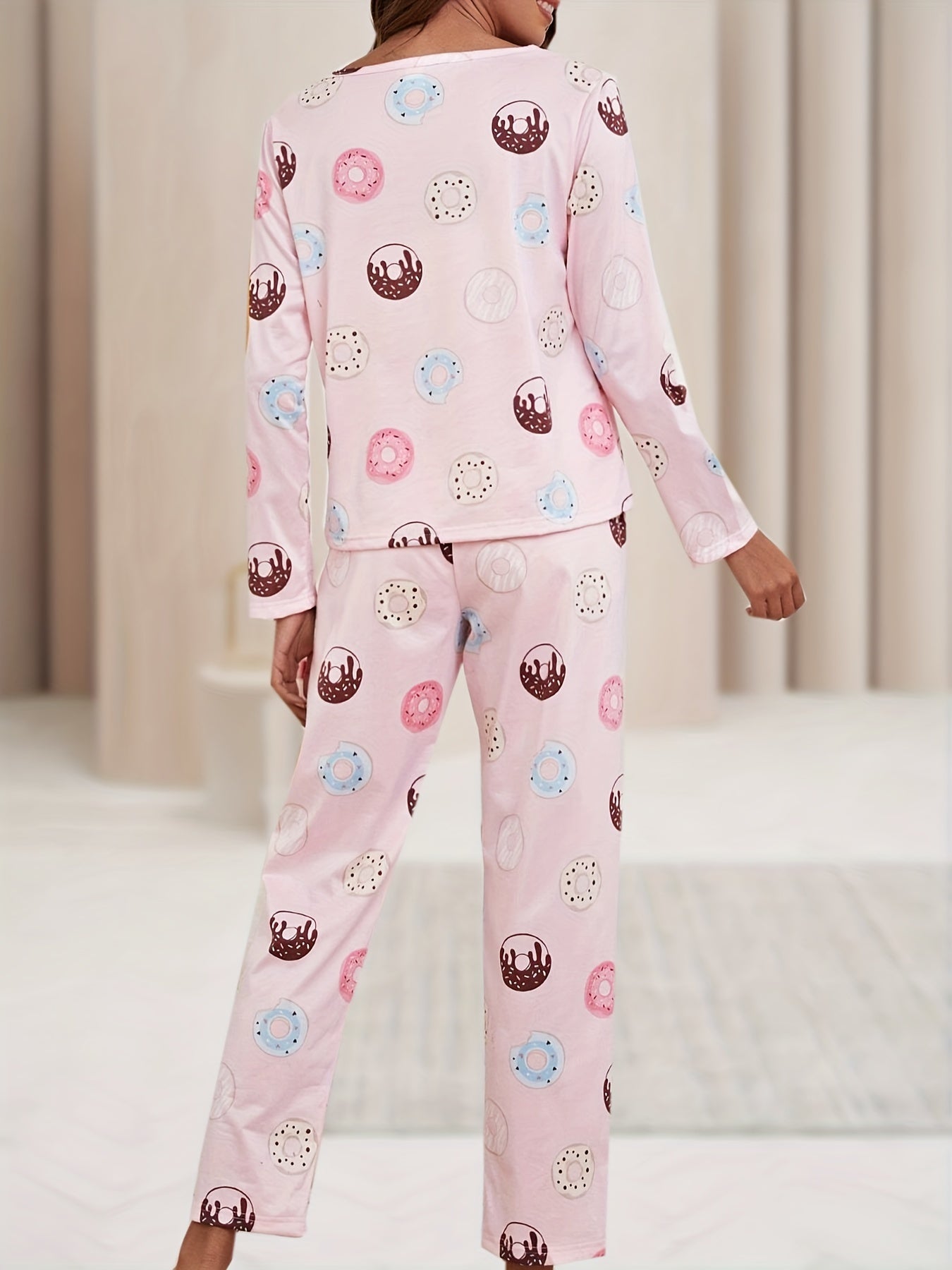Donut Print Pajamas Set Round Neck Tee & Pants Loungewear