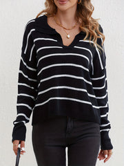 Striped Print Drop Shoulder Knit Sweater Casual V Neck Long Sleeve Sweater