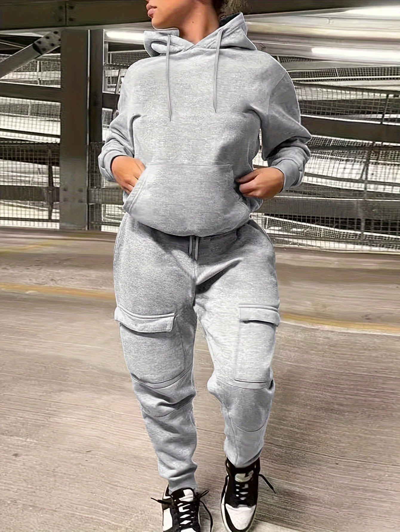2 Piece Sporty Outfit Set Solid Hoodie & Joggers