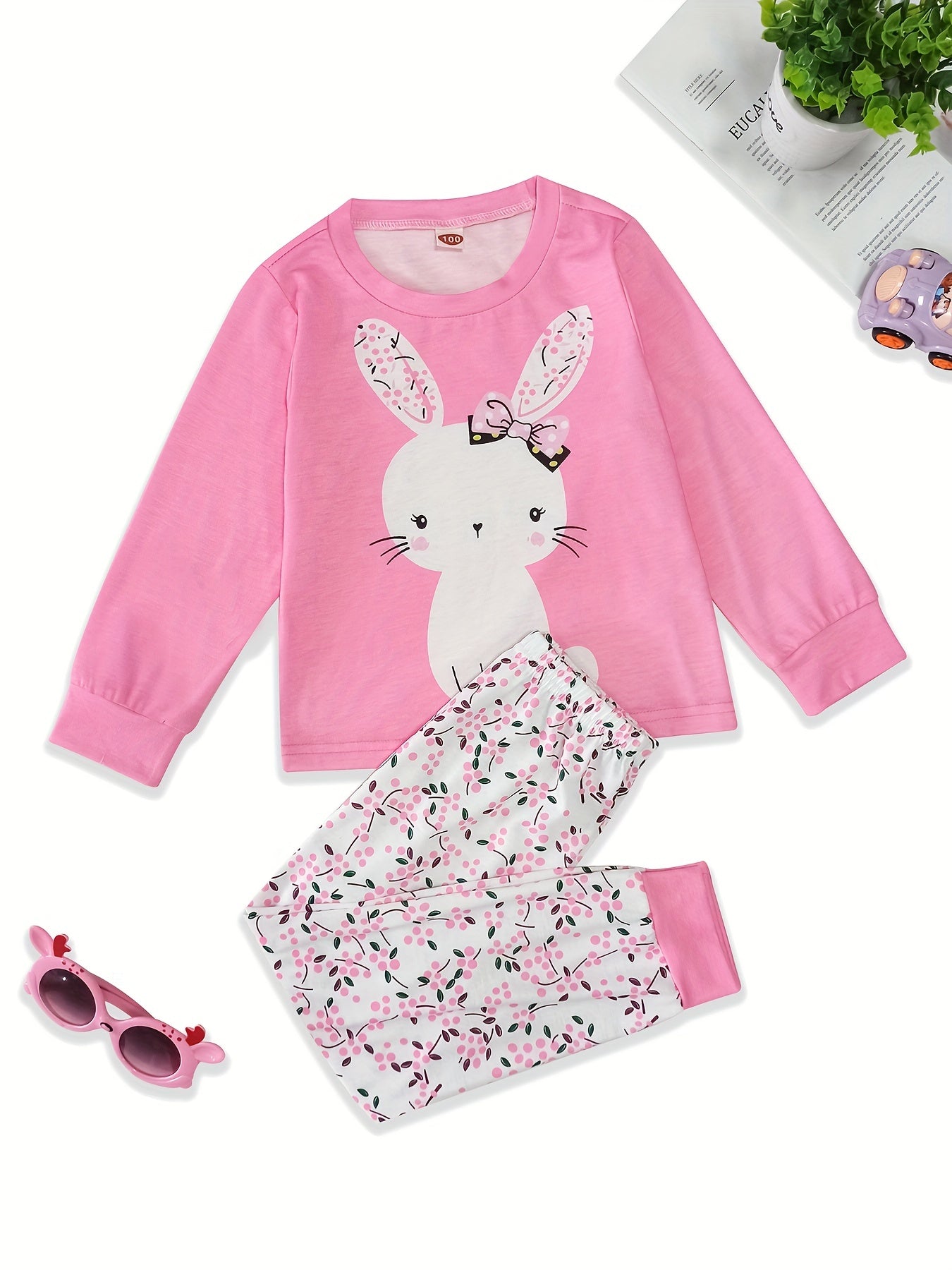 2pcs Toddler Girls Bunny Top & Floral Trousers Pajama Set