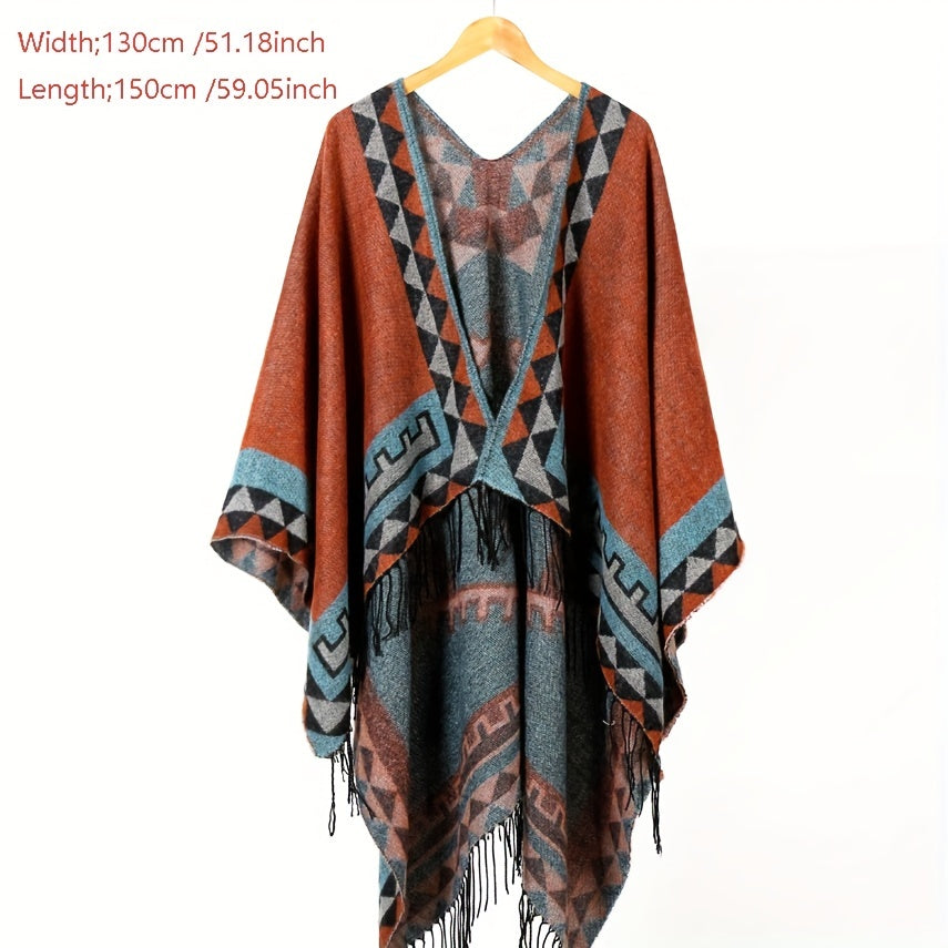 Boho Geometric Jacquard Shawl Tassel Wrap Windproof Cape