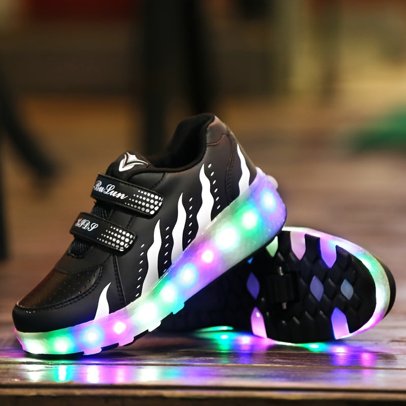 Boy's LED Light Up Roller Shoes With Hook And Loop Fastener