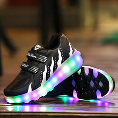 Boy's LED Light Up Roller Shoes With Hook And Loop Fastener