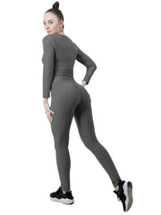 2pc Honeycomb Long Sleeve Yoga Set & High Waist Gym Leggings
