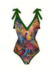 Peacock Print One Piece Swimsuit & Cover Up Skirt Set